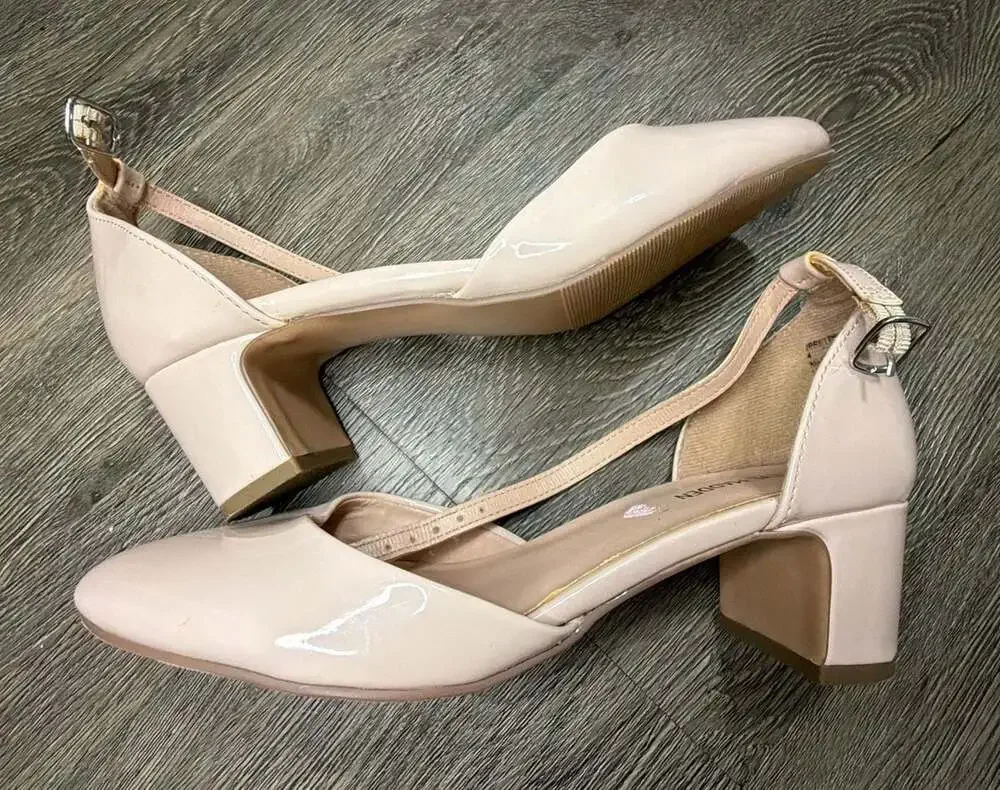 Steve Madden PRETTYY Blush Patent Ankle Strap Block Heel Pumps Womens 7